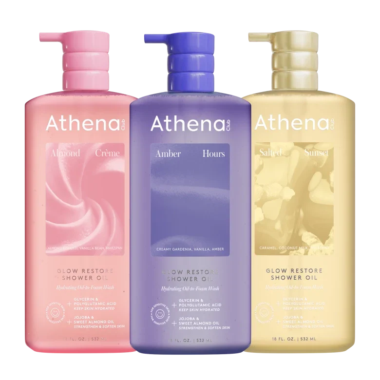 Glow Restore Shower Oil Trio J6 Almond Creme, Amber Hours, Salted Sunset